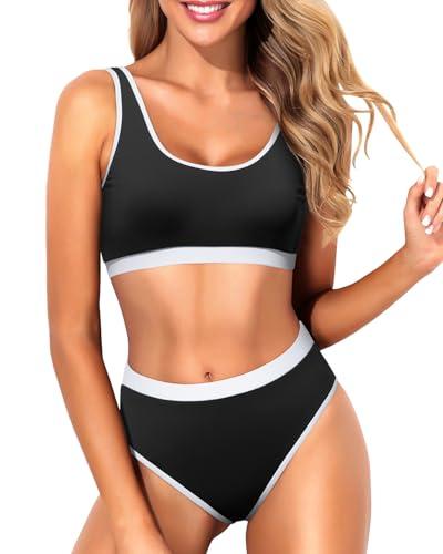 Tempt Me Women Black and White Two Piece Scoop Neck Bikini Crop Top Swimsuit Sporty High Waisted Bathing Suit, Medium 