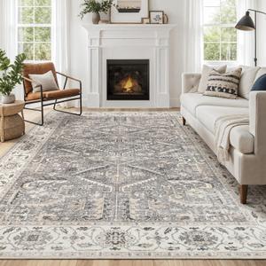 Area Rug 10x14 Washable Vintage - Soft Traditional Rug for Living Room Bedroom Dining Room or Home Office -Non Slip Backing Large Rugs with Low Pile Farmhouse Oriental Retro Carpet- Gray (Grey)