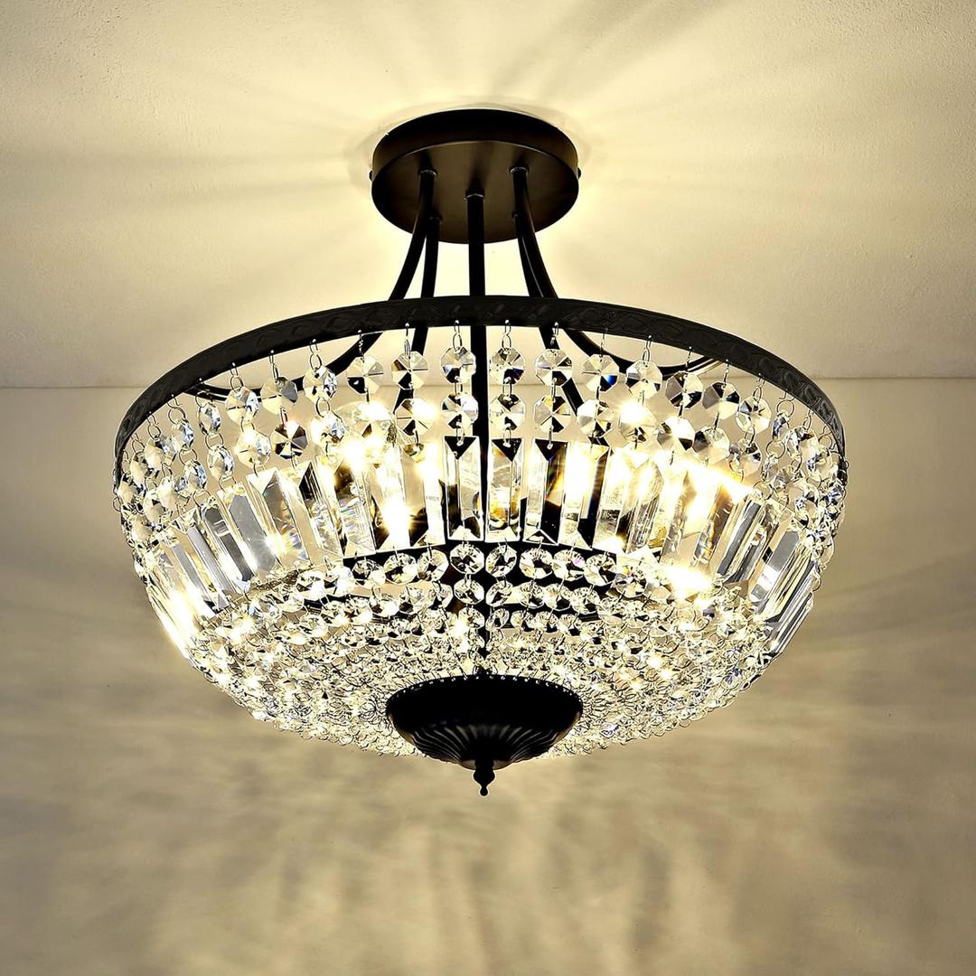 WINGBO 19.5 Inch Crystal Ceiling Light Fixture, 5-Light Raindrop Semi Flush Mount Chandelier, Modern Round Close to Ceiling Hanging Light for Living Room Dining Room Bedroom Hallway, Black