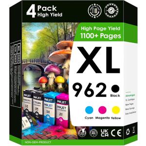 AMAZINK 962XL Ink Cartridges, 4 Pack (BK,C,M,Y) for OfficeJet Pro 9010, 9015, 9020, 9025, 9012, 9014, 9016, 9019, 9022, 9026, 9028 Printers
