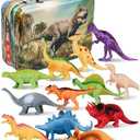 PLAYVIBE Dinosaur Toys - 12 Realistic 7-Inch Models, Multi-Color, Metal Storage Box - Dinosaur Figures & Action Figures for Kids Ages 3-7