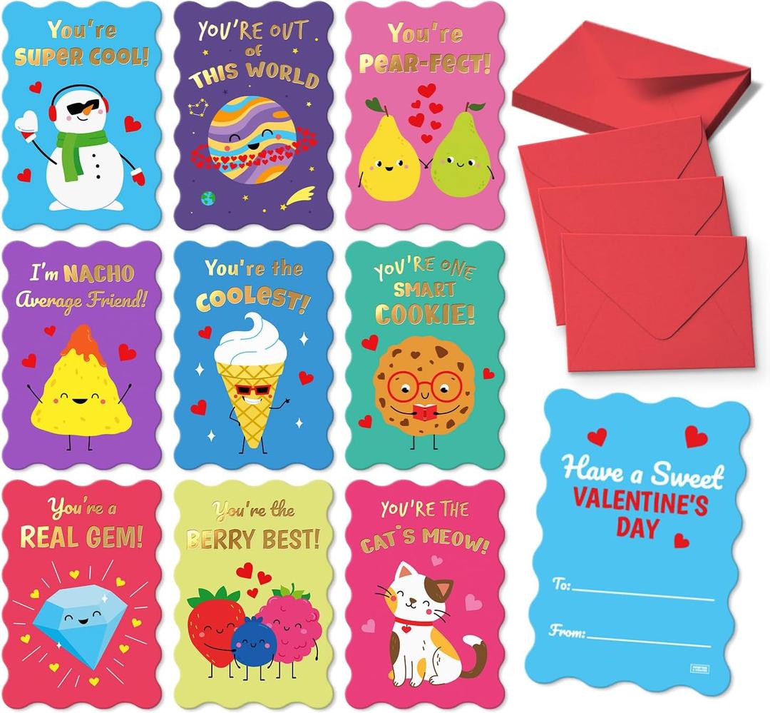 Sweetzer & Orange 36 Funny Valentines Cards for Kids Classroom - School Valentines with Envelopes for children- Cartoon Notes with Stickers - Double Sided Cards for Boys & Girls - 3.5" x5 (Nacho Average Friend)