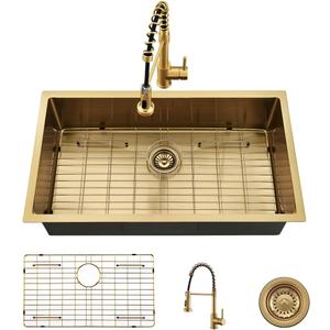 33 Inch Gold Kitchen Sink with Faucet Combo-iAnomla 33x19 Undermount Sinks Stainless Steel Brushed Gold Deep Single Bowl Kitchen Sink and Faucet Combo Set