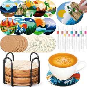 Reallnaive 45 Pcs Landscape Wooden Coasters Painting Kit, 4 Inch Paint Your Own Boho Coasters with Markers, Arts and Crafts for Adults Women Seniors Elderly Crafters Gifts