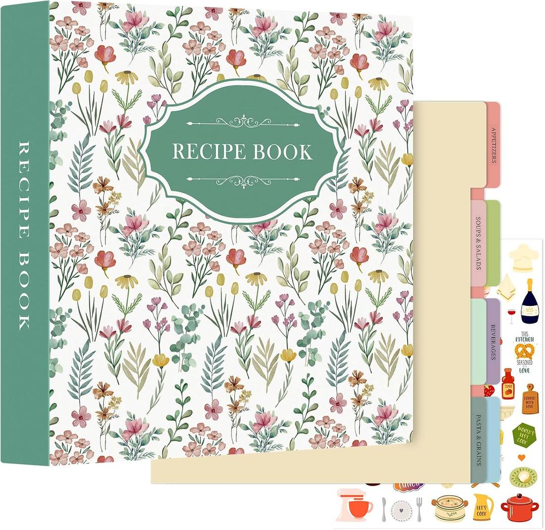 Lanpn Recipe Binder 8.5x11 3 Ring Kit, Blank Organizer Recipe Binder Waterproof Cookbook to Write in Your Own Recipes with 60 Plastic Sleeves,116 Recipes, Dividers,Labels & Stickers, Green