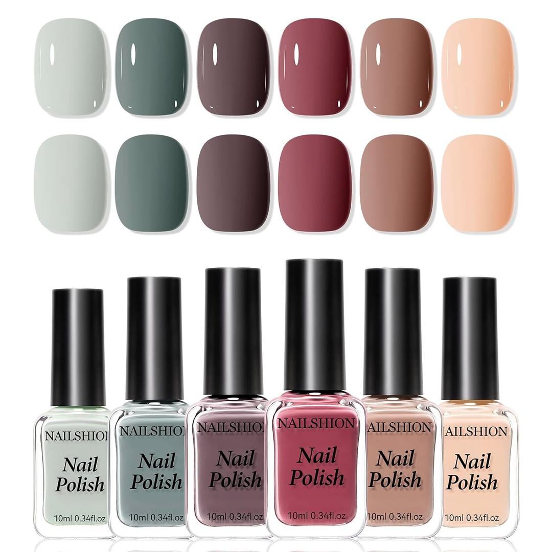 Nude Grays Nail Polish Set, Non U V Gel, 6 Colors Nude Pink Brown Red Dusty Rose Nail Polishes Neutral Color for All Seasons, Vegan, Fast Air Dry Salon Nail Art DIY at Home Manicure