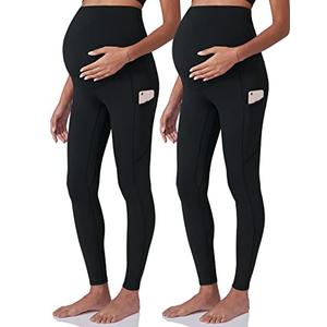 POSHDIVAH 2Pcs Women's Maternity Workout Leggings Over The Belly Pregnancy Yoga Pants with Pockets Soft Active Wear Work Pants Blacks Medium