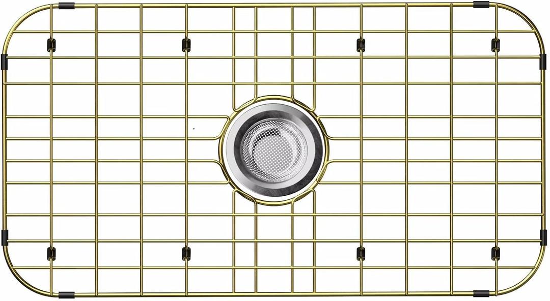 26" x 14" Large Gold Kitchen Sink Grid and Sink Protector, Stainless Steel Sink Rack for Bottom of Kitchen Sink,Centered Drain with Corner Radius, Stainless Steel