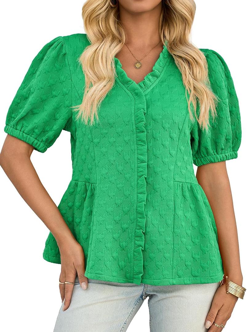 Cicy Bell Womens Peplum Puff Sleeve Tops Dressy Casual Summer Textured Blouses V Neck Ruffle Pleated Shirts Green (Green, M)