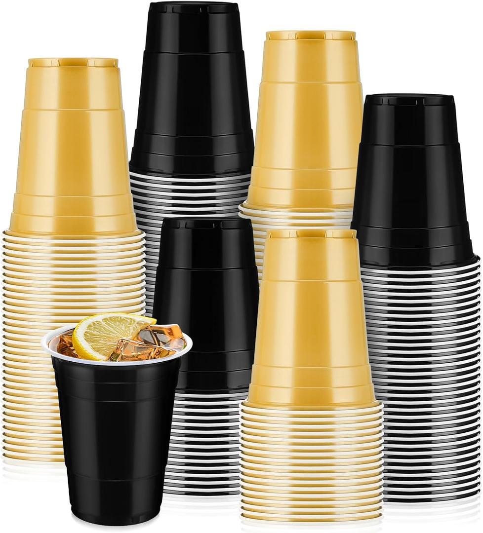 50 Pcs 16 oz Plastic Cups Bulk Disposable Plastic Party Cups for Graduation Wedding Birthday New Year Theme Party (Black,Gold)