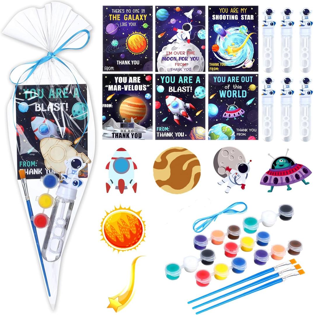 Arrowbash 122 Pcs Space Party Favors Kit 24 Sets Astronaut Painting Crafts with Astronaut Bubbles Wands, Wooden Space Cards Clear Triangle Bags Ribbon Rolls Galaxy Birthday Party Supplies