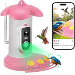 Hummingbird Feeder with Camera for Outdoor - 2K QHD Video, Instant Notifications & AI Bird Species, Ant Moat, Bee Proof, Motion Detection, 2.4G WiFi, Signal Booster, Gift for Bird Lovers Pink