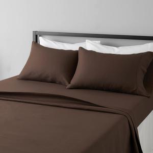 Amazon Basics Breathable Ultra-Soft Microfiber 4 Piece Bed Sheet Set with 14-Inch Deep Pockets, Machine Washable, Wrinkle Resistant, King, Chocolate, Solid