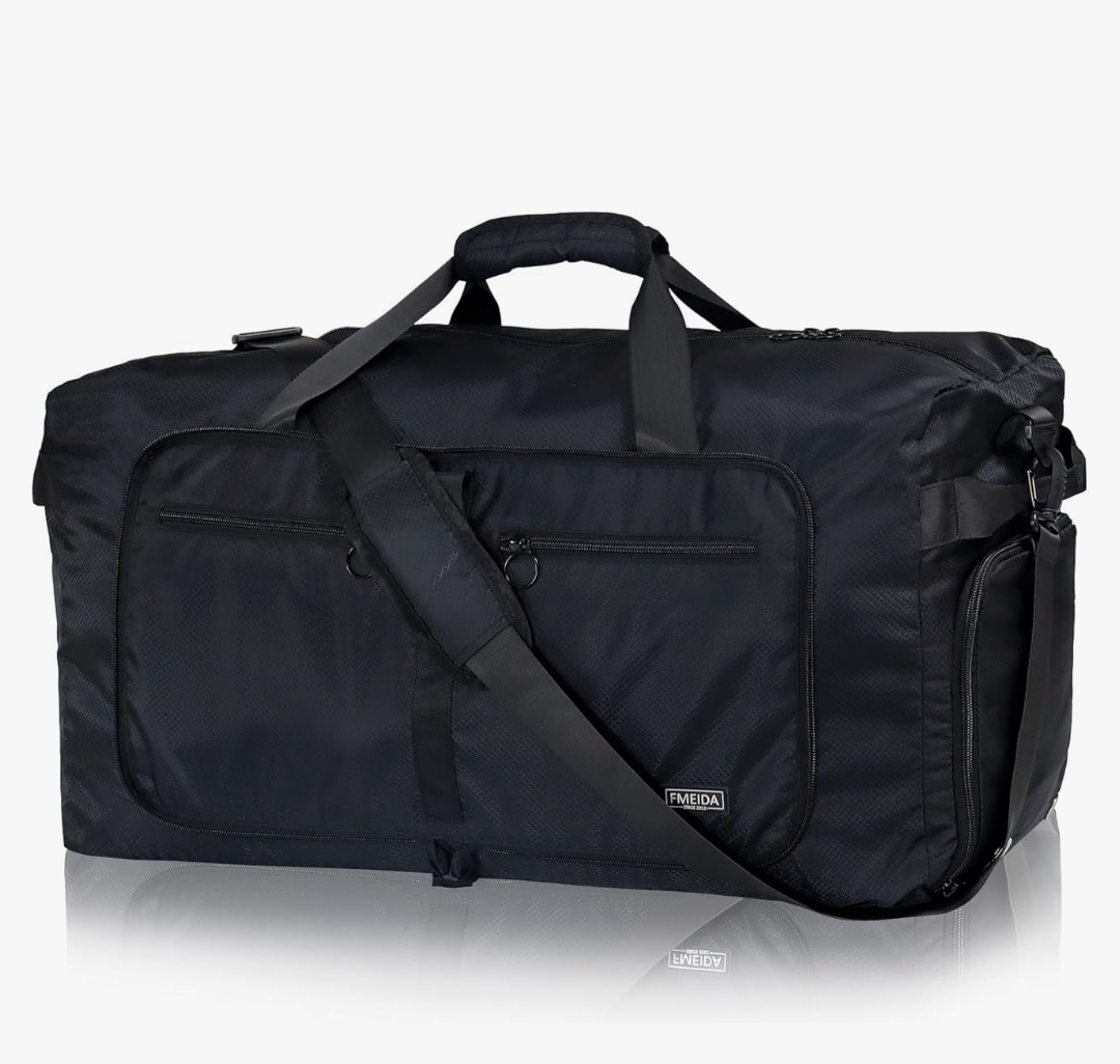 Fmeida 65L Duffle Bag with Shoes Compartment, Foldable Travel Duffel Bags for Men Women, Large Packable Travel Bag Water Repellent & Tear Resistant (Black)