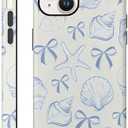 CAINAT Aesthetic Cases for iPhone 15 Plus/14 Plus, Blue Bow Seashell Design, Hard Hybrid 2-Layer Protective Cover for Women Girls