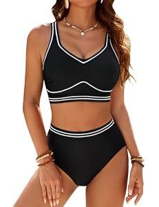 Blooming Jelly Womens High Waisted Bikini Sets Two Piece Tummy Control Swimsuits 2026 Modest Bathing Suit M, Black