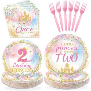 96Pcs Princess 2nd Birthday Party Decorations for Girls A Little Princess Is Turning Two Plates and Napkins Sets Pink Castle Once Upon a Time Decoration for Two Year Old Bday Party Supplies Serves 24