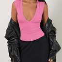 Womens Halter Deep V Neck Tank Tops Sleeveless Sexy Plunge Basic Summer Y2k Crop Top (Pink, L)