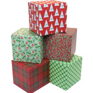 Global Printed Products Holiday Shipping Boxes, Pack of 5, Traditional Patterns - 6"x6"x6"