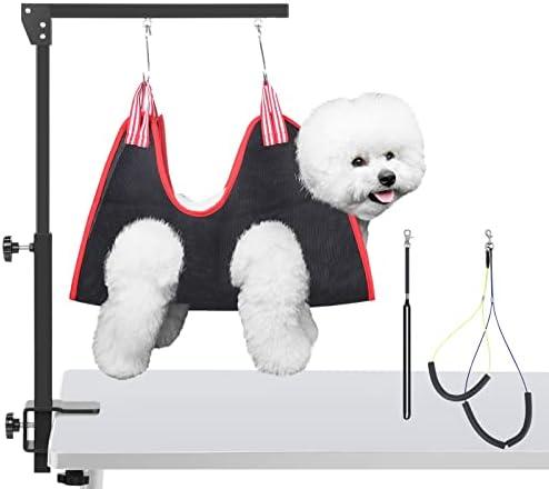 HIDOG Dog Grooming Arm with Clamp, Adjustable Dog Grooming Table Arm with Two No Sit Haunch Holder & Hammock Harness, Foldable Pet Grooming Supplies for Small Medium Dogs