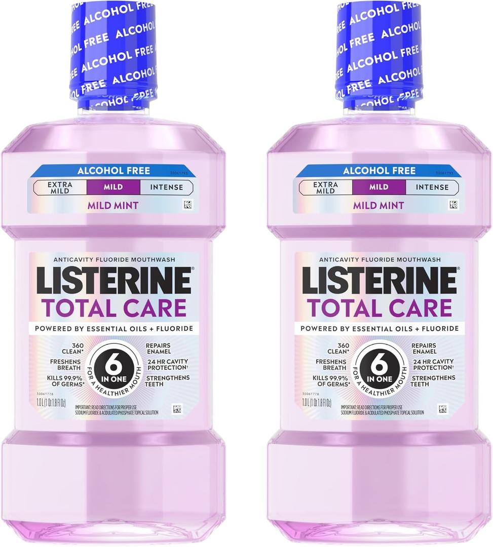 Listerine Total Care Alcohol-Free Mild Mouthwash, 6 Benefit Oral Rinse to Help Kill 99.9% of Germs that Cause Bad Breath, Strengthen Enamel, Mild Mint Flavor, Twin Convenience Pack, 2 x 1 L