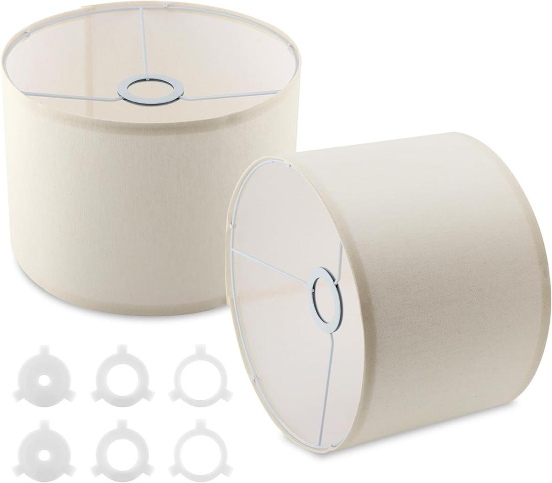 Lampshades Set of 2, Natural Linen Drum Lampshades, 10.24" Top x 10.24" Bottom x 7.48" High, Lamp Shades Replacement for Table and Floor Lamps, Easy Assembly Required(COLOR:White)
