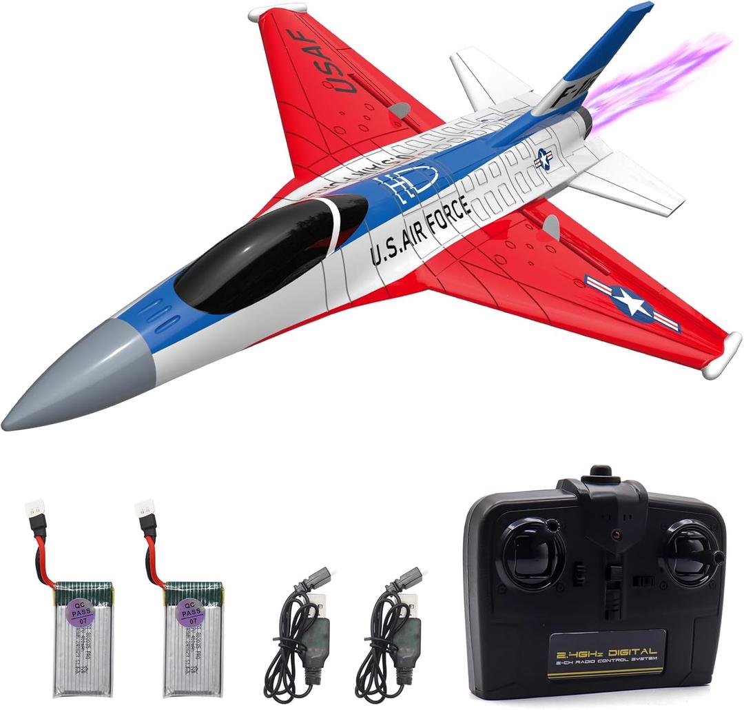 Dollox RC Airplane Toys F-16 Fighting Falcon 2.4Ghz 2CH Remote Control Plane Jet RC Fighter Airplanes Ready to Fly Beginner RC Plane with Lights RC Aircraft Toy Gifts for Boys Adults, 2 Batteries