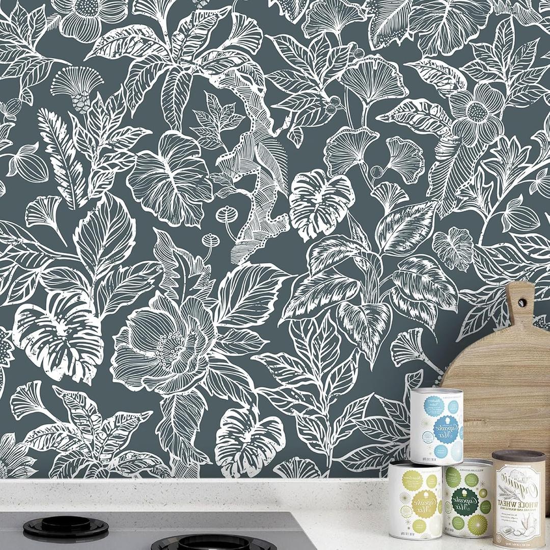 Tropical Peel and Stick Wallpaper Boho Contact Paper Cabinet Dark Blue Navy White Removable Self Adhesive Contact Paper Modern Floral Leaf Bedroom Bathroom Wallpaper Waterproof 17.3inW 78.7inL