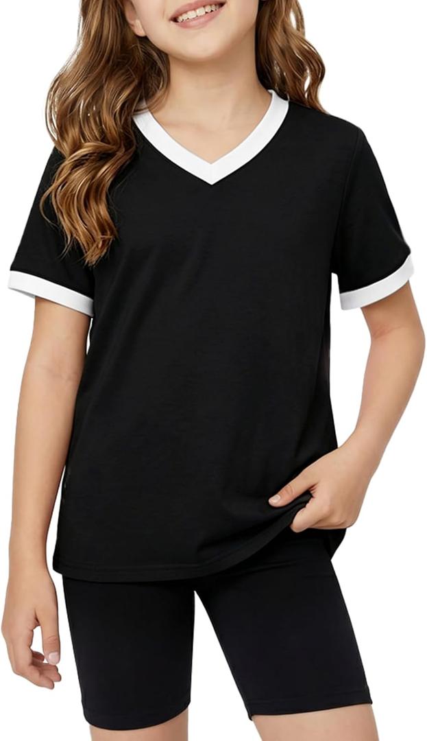 Poroka Girls Short Sleeve Shirt V-Neck Tee with Ribbed Trim Plain T-Shirts Soft Fashion Summer Tops for Girls, 7-14 Years (Black)