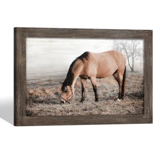 Horse Wall Art Decor Bedroom: Wild Animal Wood Framed Picture Brown Horse on Grassland Print Artwork Vintage Wildlife Painting for Farmhouse Living Room Kitchen