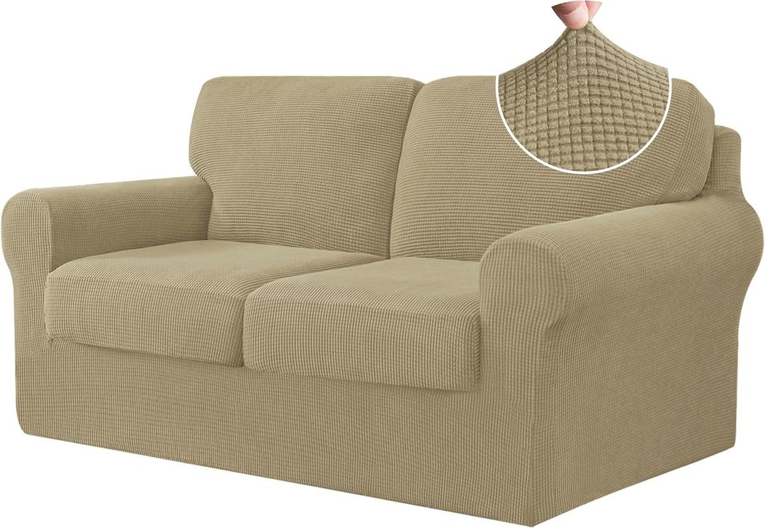 CHUN YI 5 Piece Loveseat Covers, Stretch Couch Covers for 2 Cushion Couch with Separate Backrest and Cushion Covers, Anti-Slip Washable Furniture Protector for Dogs Pets (Medium, Khaki) CHUN YI 5 Piece Loveseat Covers, Stretch Couch Covers for 2 Cushion Couch with Separate Backrest and Cushion Covers, Anti-Slip Washable Furniture Protector for Dogs Pets (Medium, Khaki)