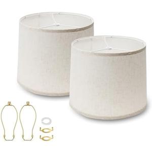 2 Pack Lamp Shades Boho Vintage Style Lamp Shade Set of 2 Natural Linen Made Drum Lamp Shades Barrel Round Lamp Cover for Table Lamps/Floor Lamps Replacement(Beige)