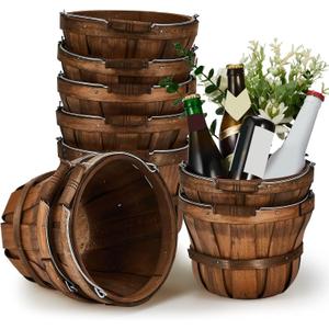 Marsui 10 Pcs 5.9 x 7.5'' Round Wooden Baskets Easter Portable Wood Fruit Buckets with Handles Garden Harvest Basket Fruits Vegetables Storage Container Party Supplies(Dark Brown)