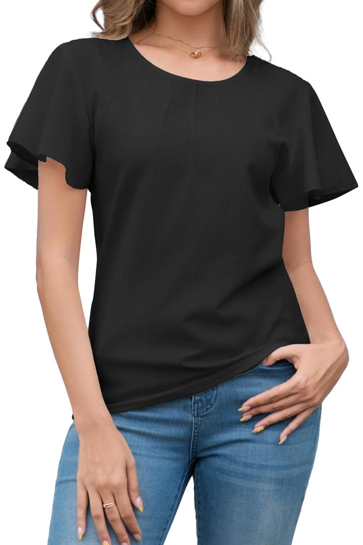 DeXianLai Women's Dressy Casual Tops Business Work Blouses Trendy Vacation Outfits Short Sleeve Business Tshirts Black L