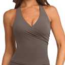 SUUKSESS Women Halter Tank Tops Deep V Neck Wrap Workout Crop Top Yoga Padded Bra (Brown, XS)