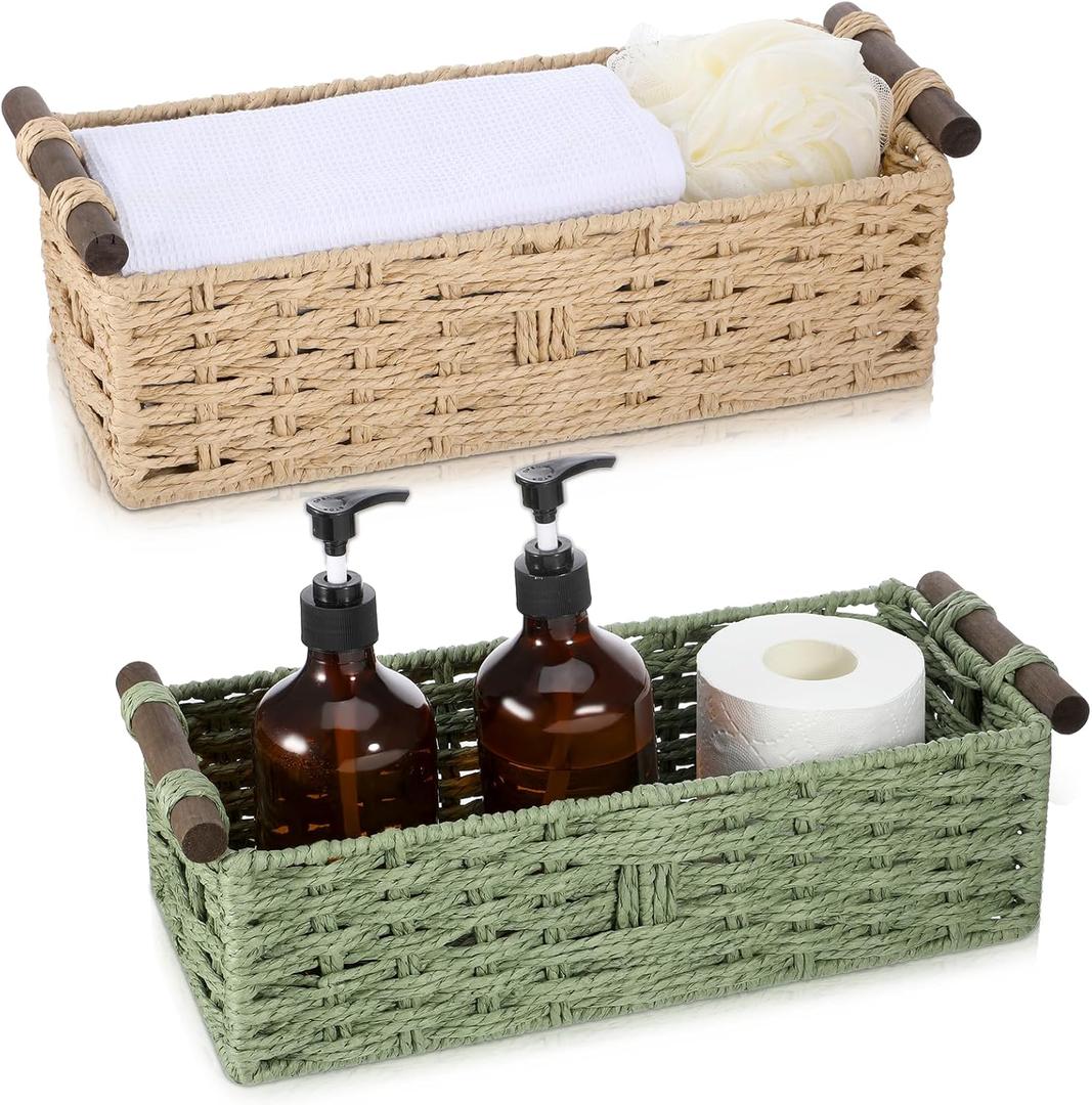 2 Pcs Toilet Paper Baskets for Organizing, Boho Decor Wicker Baskets Paper Rope Storage Handmade Foldable Large Storage Organizer Bins for Countertop Home Bedroom Livingroom Decor