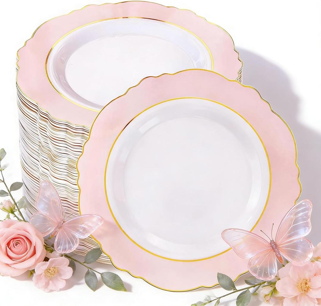 WDF 60pcs Pink Dessert Plates - 7.5inch Baroque Pink and White Disposable Dessert Cute Cake Plates for Upscale Parties &Wedding-Special for Baby Shower, Brithday, Mother's Day