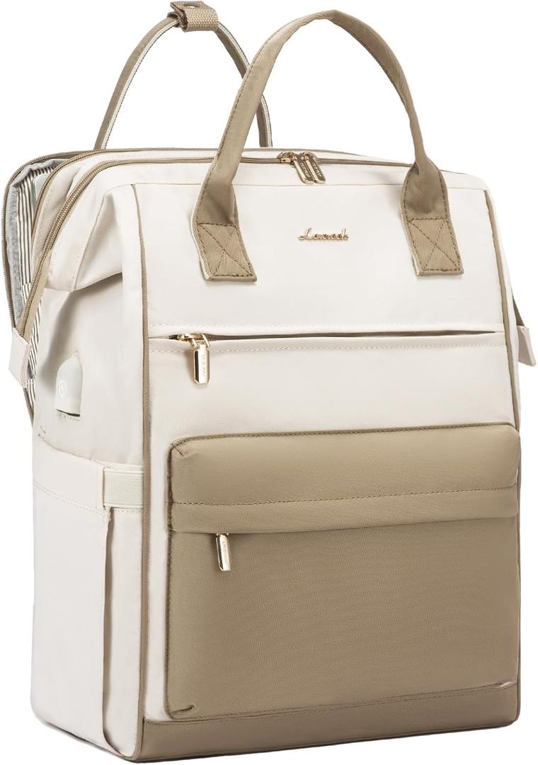 LOVEVOOK Laptop Backpack for Women, 17 Inch Work Teacher Nurse Bag with Laptop Compartment, Large Capacity Business Computer Backpack Purse with USB Port, Stylish Casual Daypack for Travel (Beige & Khaki-b)