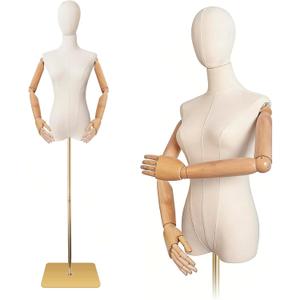 Female Linen Fabric Mannequin Torso Dress Form with Detachable Head, Two Wooden Hands and Height-Adjustable Metal Display Stand