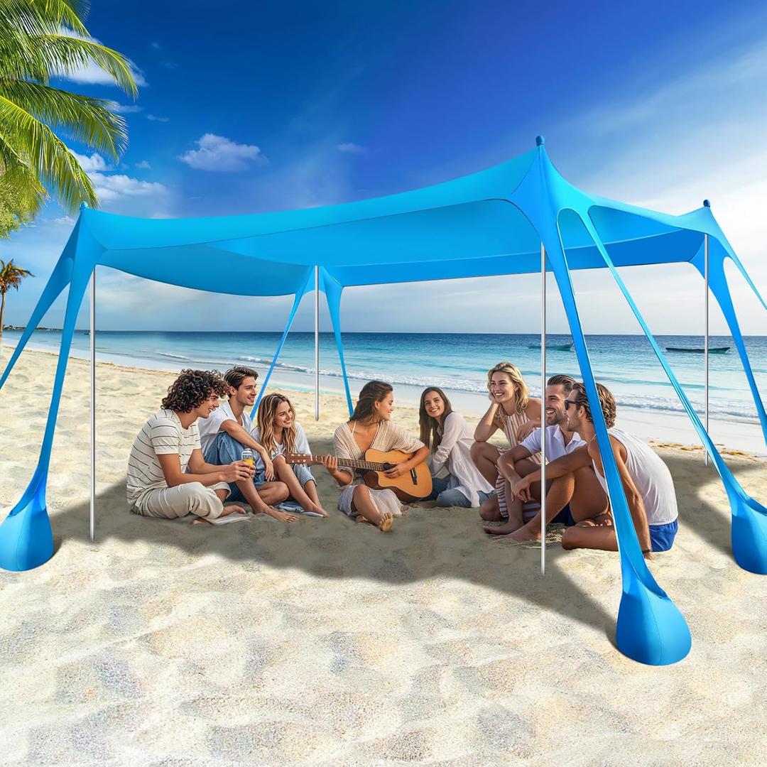 Rhino Valley Beach Tent Shade Canopy UPF50+ Protection, 8 Sandbags, 4 Stability Poles, Outdoor Sun Shelter Umbrella for Sand, Camping, Fishing Essentials (10*13 FT, 13 Ft Blue)
