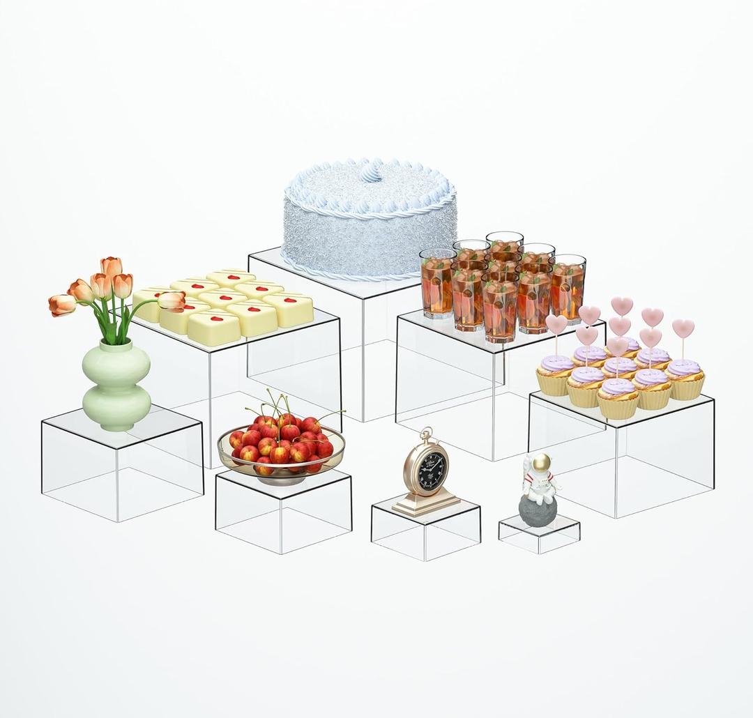 8 Pcs Clear Acrylic Boxes for Display as Buffet Risers and Stands, Food Risers for Party, Table, Stands, including 10", 9", 8", 7", 6", 5", 4", 3" (Large, 8Pcs, Clear)