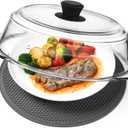 2 in 1, Tall Glass Microwave Splatter Cover for Food & Microwave Place Mat, Plate Splatter Guard Lid with Silicone Handle Knob, Cookware & Bakeware Serving Dish Cover, Food Grade, No Plastic, 10in