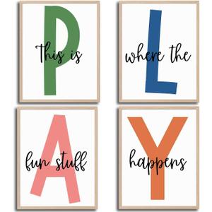 4Pcs Kids Playroom Wall Art Childrens Playroom Canvas Posters Prints Boy Kids Room Let's Play Wall Decor Pictures Toddler Nursery Bedroom Artwork Decoration (Playroom, 12x16in3pcs poster)