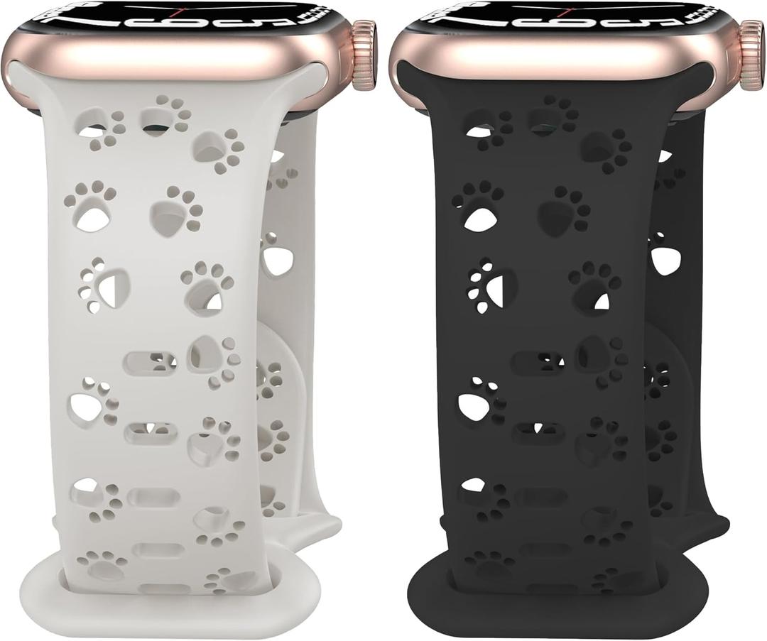 2 Pack Silicone Bands Compatible with Apple Watch Band 38mm 40mm 41mm, Hollow-Out Dog Paw Design Sport Soft Strap for iWatch Ultra SE Series 9/8/7/6/5/4/3/2/1 Women Men (Black+Starlight)