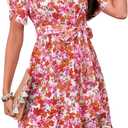Womens Wrap V Neck Short Sleeve Dress 2025 Summer Floral Boho Dress Ruffle A Line Flowy High Low Midi Dresses (Pink, XL)