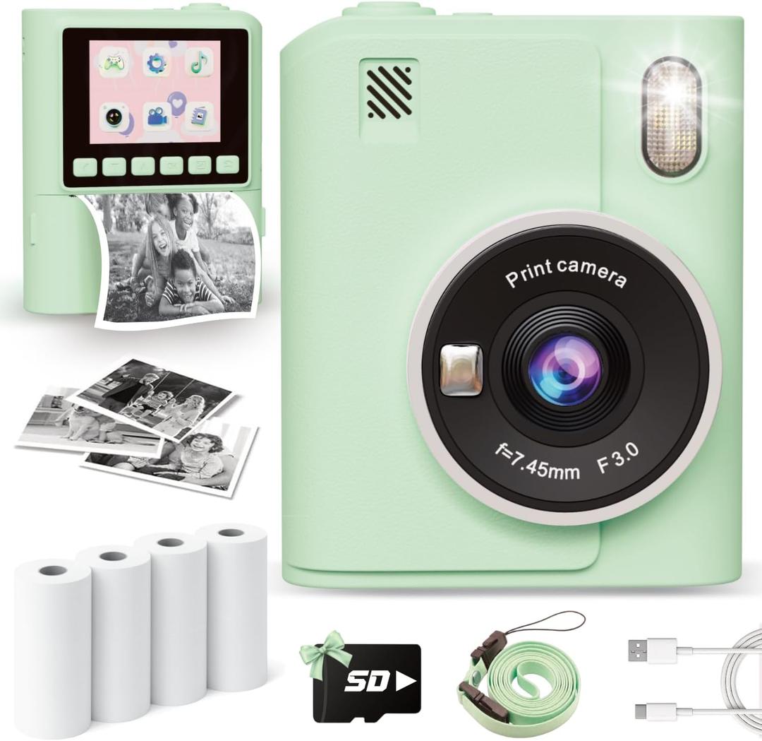 Instant Print Camera for Kids, 1080P Instant Digital Print Cameras for Toddler, Portable Toy for 4 5 6 7 8 9 10 Year Old Girl, Christmas Birthday Gifts for Girls Boys with SD Card Green