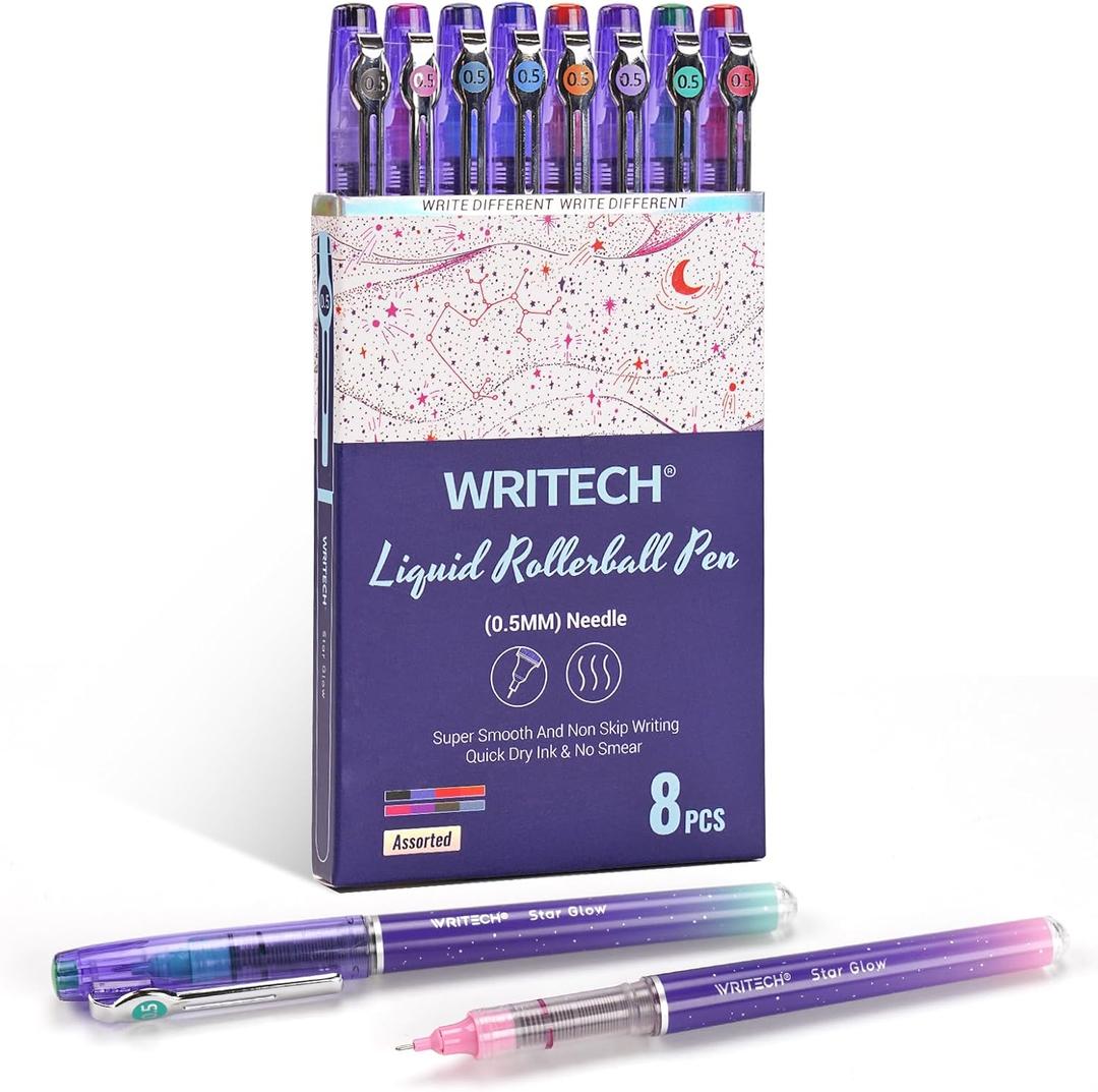WRITECH Liquid Ink Rollerball Pens: 8ct Assorted Colors Extra Fine Point Tip 0.5mm Roller Ball Rolling Pen for Smooth Writing Coloring Drawing Journaling No Bleed & Smear &Smudge Multi Colored.