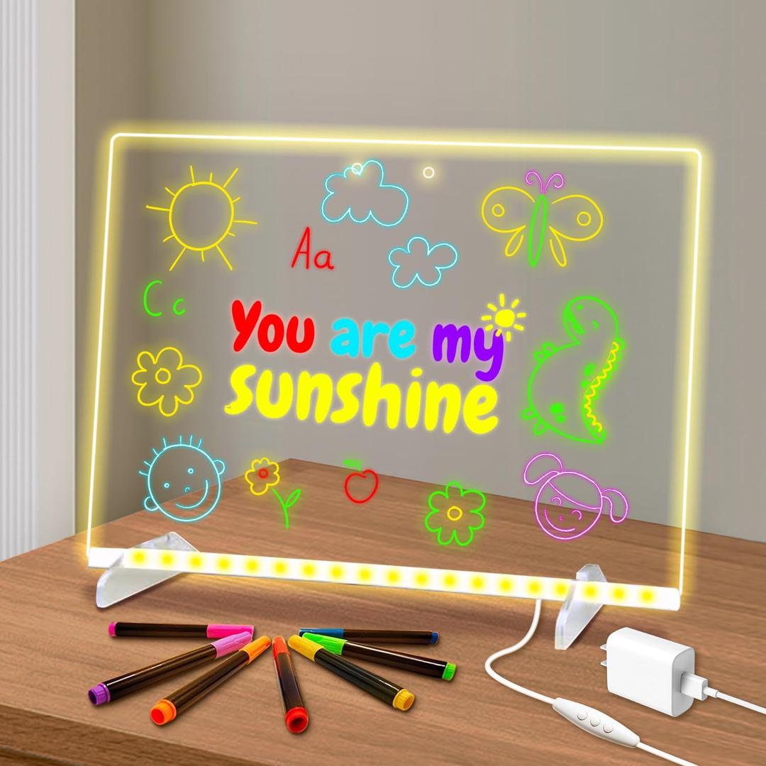 Led Dry Erase Board with Stand for Kids, Led Note Board with Colors Light Up Drawing Board 13.7"X10" Acrylic Message Board Dry Erase Led Notepad Illuminated Board with 7 Color Markers for Gifts Toys