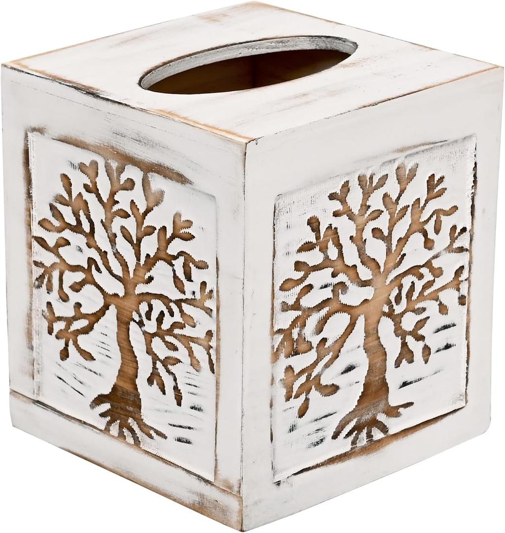 SwallowLiving Wooden Tissue Box Cover Square - Weighted Farmhouse Facial Tissue Holder with Sliding Bottom - Distressed White Tree of Life Dispenser for Bathroom Vanity, Bedroom & Living Room Decor