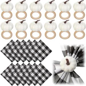 Remerry Fall Thanksgiving Napkin Rings Set of 24 Pumpkin Ring Holders with Fall Cloth Themed for Autumn Dinner Table Setting Wedding Decoration (White,Plaid)